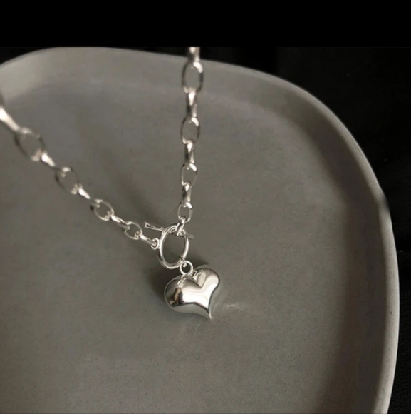 925 Soild Sterling Silver Chunky Toggle Heart Necklace - Picture 2 of 2